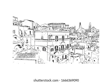 Building view with landmark of Matera is a city on a rocky outcrop in the region of Basilicata, in southern Italy. Hand drawn sketch illustration in vector.