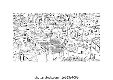 Building view with landmark of Matera is a city on a rocky outcrop in the region of Basilicata, in southern Italy. Hand drawn sketch illustration in vector.