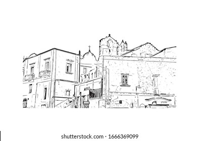 Building view with landmark of Matera is a city on a rocky outcrop in the region of Basilicata, in southern Italy. Hand drawn sketch illustration in vector.