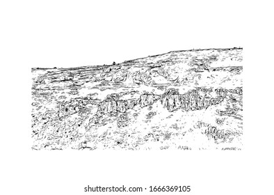 Building view with landmark of Matera is a city on a rocky outcrop in the region of Basilicata, in southern Italy. Hand drawn sketch illustration in vector.