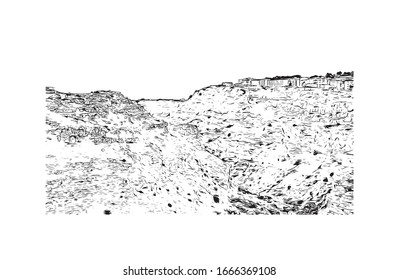 Building view with landmark of Matera is a city on a rocky outcrop in the region of Basilicata, in southern Italy. Hand drawn sketch illustration in vector.