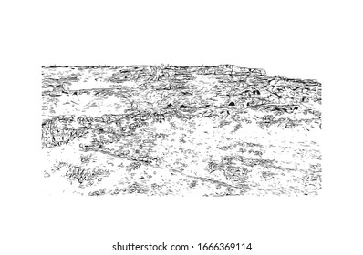 Building view with landmark of Matera is a city on a rocky outcrop in the region of Basilicata, in southern Italy. Hand drawn sketch illustration in vector.
