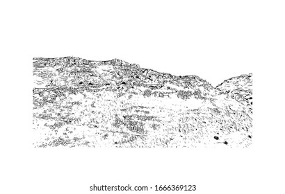 Building view with landmark of Matera is a city on a rocky outcrop in the region of Basilicata, in southern Italy. Hand drawn sketch illustration in vector.