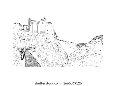Building view with landmark of Matera is a city on a rocky outcrop in the region of Basilicata, in southern Italy. Hand drawn sketch illustration in vector.