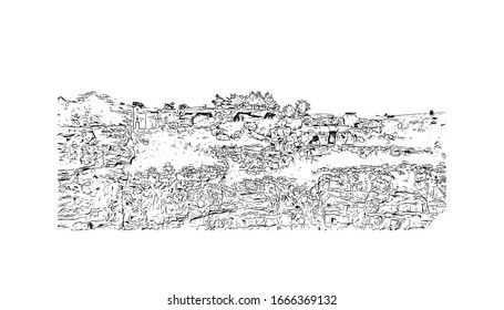Building view with landmark of Matera is a city on a rocky outcrop in the region of Basilicata, in southern Italy. Hand drawn sketch illustration in vector.