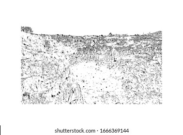 Building view with landmark of Matera is a city on a rocky outcrop in the region of Basilicata, in southern Italy. Hand drawn sketch illustration in vector.
