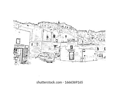 Building view with landmark of Matera is a city on a rocky outcrop in the region of Basilicata, in southern Italy. Hand drawn sketch illustration in vector.