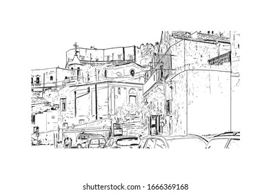 Building view with landmark of Matera is a city on a rocky outcrop in the region of Basilicata, in southern Italy. Hand drawn sketch illustration in vector.