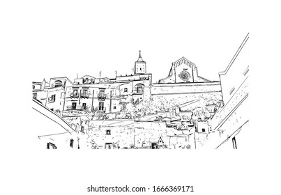 Building view with landmark of Matera is a city on a rocky outcrop in the region of Basilicata, in southern Italy. Hand drawn sketch illustration in vector.
