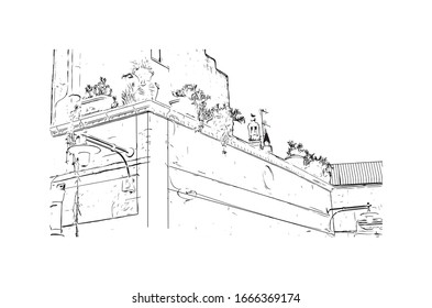 Building view with landmark of Matera is a city on a rocky outcrop in the region of Basilicata, in southern Italy. Hand drawn sketch illustration in vector.