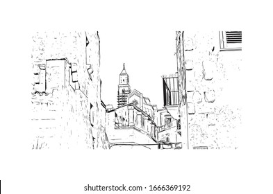 Building view with landmark of Matera is a city on a rocky outcrop in the region of Basilicata, in southern Italy. Hand drawn sketch illustration in vector.