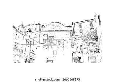 Building view with landmark of Matera is a city on a rocky outcrop in the region of Basilicata, in southern Italy. Hand drawn sketch illustration in vector.