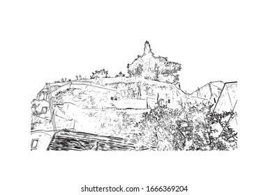 Building view with landmark of Matera is a city on a rocky outcrop in the region of Basilicata, in southern Italy. Hand drawn sketch illustration in vector.