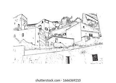 Building view with landmark of Matera is a city on a rocky outcrop in the region of Basilicata, in southern Italy. Hand drawn sketch illustration in vector.