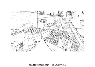 Building view with landmark of Matera is a city on a rocky outcrop in the region of Basilicata, in southern Italy. Hand drawn sketch illustration in vector.