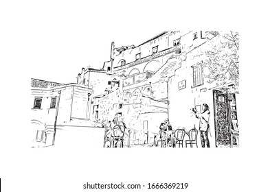 Building view with landmark of Matera is a city on a rocky outcrop in the region of Basilicata, in southern Italy. Hand drawn sketch illustration in vector.