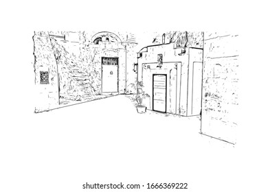 Building view with landmark of Matera is a city on a rocky outcrop in the region of Basilicata, in southern Italy. Hand drawn sketch illustration in vector.