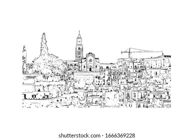 Building view with landmark of Matera is a city on a rocky outcrop in the region of Basilicata, in southern Italy. Hand drawn sketch illustration in vector.