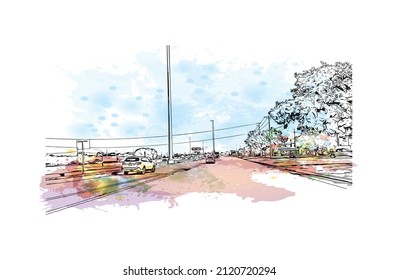 Building view with landmark of McKinney is the 
city in Texas. Watercolor splash with hand drawn sketch illustration in vector.