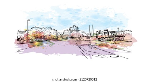 Building view with landmark of McKinney is the 
city in Texas. Watercolor splash with hand drawn sketch illustration in vector.