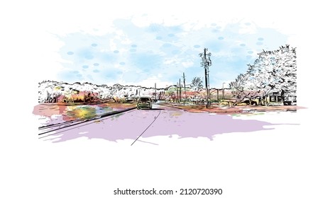 Building view with landmark of McKinney is the 
city in Texas. Watercolor splash with hand drawn sketch illustration in vector.