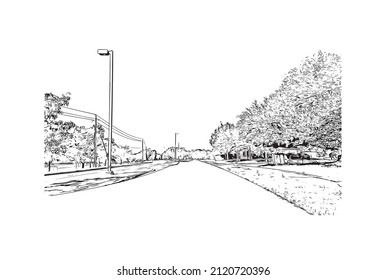 Building view with landmark of McKinney is the 
city in Texas. Hand drawn sketch illustration in vector.