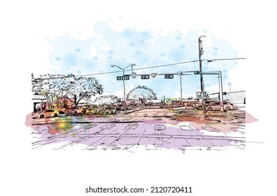 Building view with landmark of McKinney is the 
city in Texas. Watercolor splash with hand drawn sketch illustration in vector.