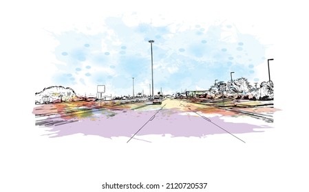 Building view with landmark of McKinney is the 
city in Texas. Watercolor splash with hand drawn sketch illustration in vector.