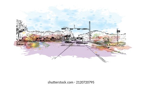 Building view with landmark of McKinney is the 
city in Texas. Watercolor splash with hand drawn sketch illustration in vector.