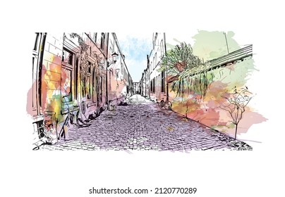Building view with landmark of Mechelen is the 
city in Belgium. Watercolor splash with hand drawn sketch illustration in vector.