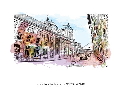 Building view with landmark of Mechelen is the 
city in Belgium. Watercolor splash with hand drawn sketch illustration in vector.