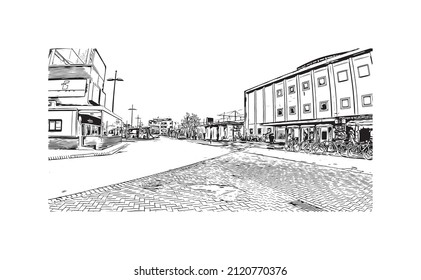 Building view with landmark of Mechelen is the 
city in Belgium. Hand drawn sketch illustration in vector.