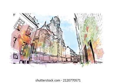 Building view with landmark of Mechelen is the 
city in Belgium. Watercolor splash with hand drawn sketch illustration in vector.