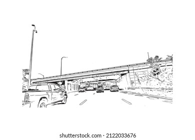 Building view with landmark of Medford is the 
city in Oregon. Hand drawn sketch illustration in vector.