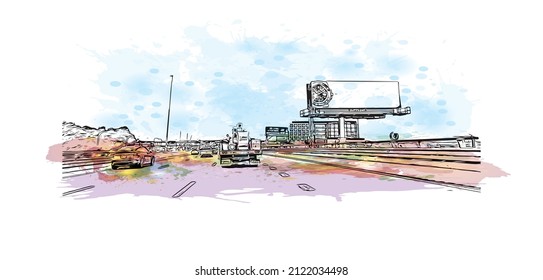 Building view with landmark of Medford is the 
city in Oregon. Watercolor splash with hand drawn sketch illustration in vector.