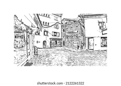 Building view with landmark of Megeve is the 
commune in France. Hand drawn sketch illustration in vector.