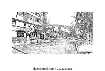 Building view with landmark of Megeve is the 
commune in France. Hand drawn sketch illustration in vector.