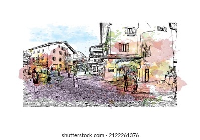 Building view with landmark of Megeve is the 
commune in France. Watercolor splash with hand drawn sketch illustration in vector.