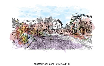 Building view with landmark of Megeve is the 
commune in France. Watercolor splash with hand drawn sketch illustration in vector.