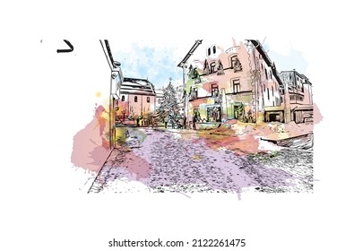 Building view with landmark of Megeve is the 
commune in France. Watercolor splash with hand drawn sketch illustration in vector.