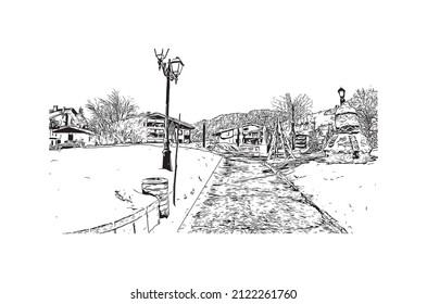 Building view with landmark of Megeve is the 
commune in France. Hand drawn sketch illustration in vector.