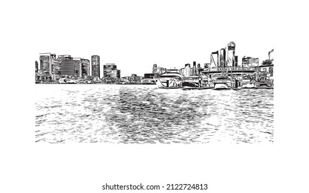 Building view with landmark of Melbourne is the 
city in Australia. Hand drawn sketch illustration in vector.
