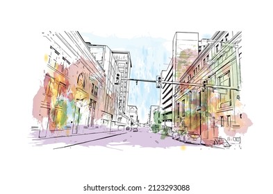 Building view with landmark of Memphis is the 
city in Tennessee. Watercolor splash with hand drawn sketch illustration in vector.