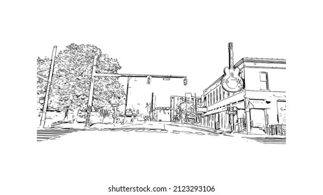 Building view with landmark of Memphis is the 
city in Tennessee. Hand drawn sketch illustration in vector.