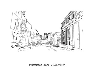 Building view with landmark of Memphis is the 
city in Tennessee. Hand drawn sketch illustration in vector.