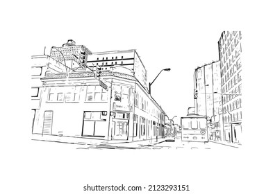 Building view with landmark of Memphis is the 
city in Tennessee. Hand drawn sketch illustration in vector.