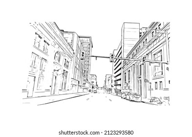 Building view with landmark of Memphis is the 
city in Tennessee. Hand drawn sketch illustration in vector.