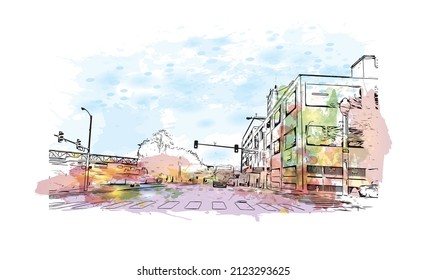 Building view with landmark of Memphis is the 
city in Tennessee. Watercolor splash with hand drawn sketch illustration in vector.