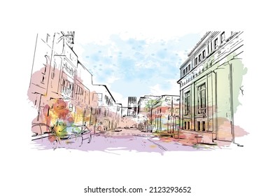 Building view with landmark of Memphis is the 
city in Tennessee. Watercolor splash with hand drawn sketch illustration in vector.