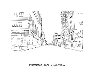 Building view with landmark of Memphis is the 
city in Tennessee. Hand drawn sketch illustration in vector.